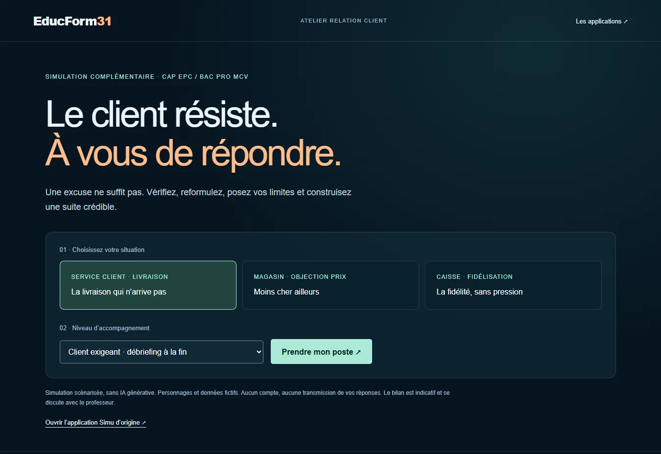 Interface de l'atelier clients difficiles