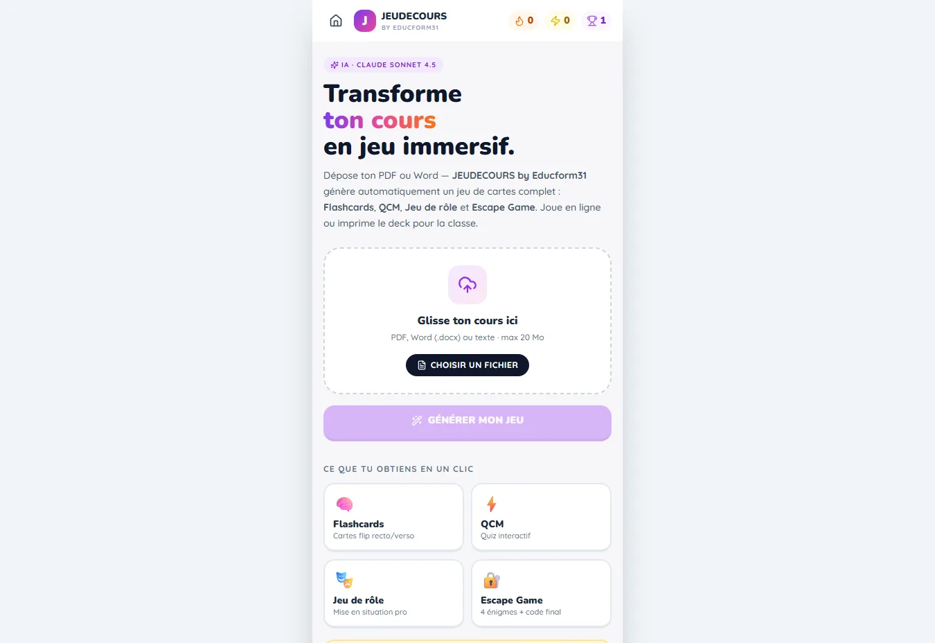 Interface de JEUDECOURS