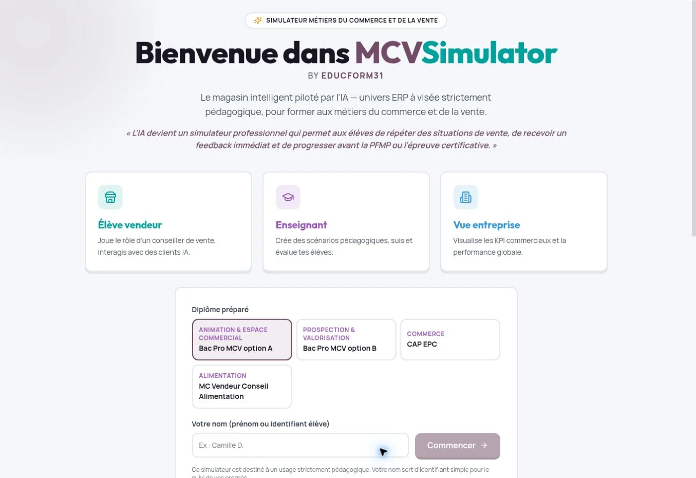 Interface de MCV Simulator