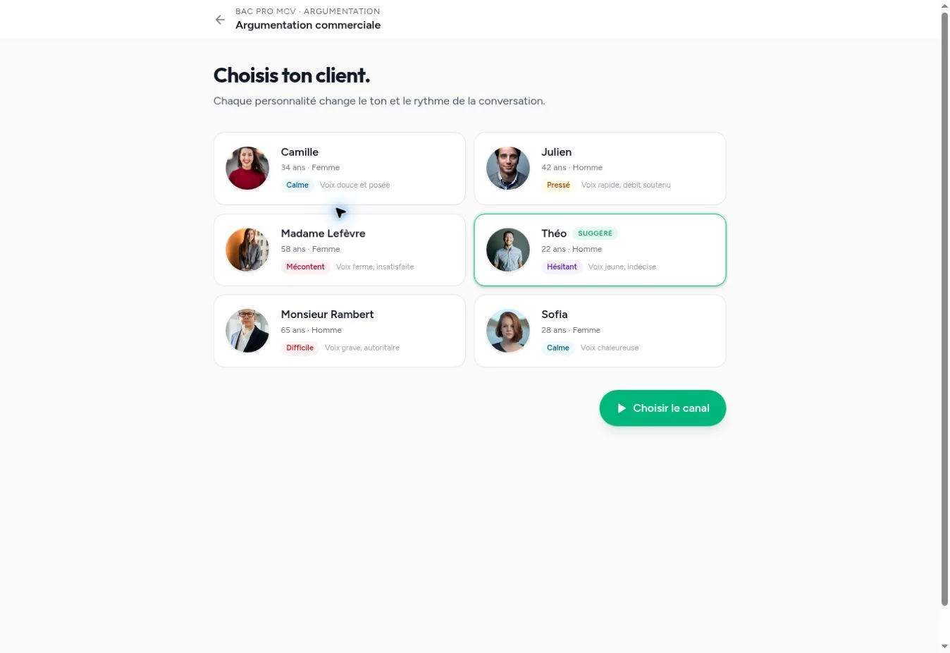 Interface de Simu, entretiens de vente